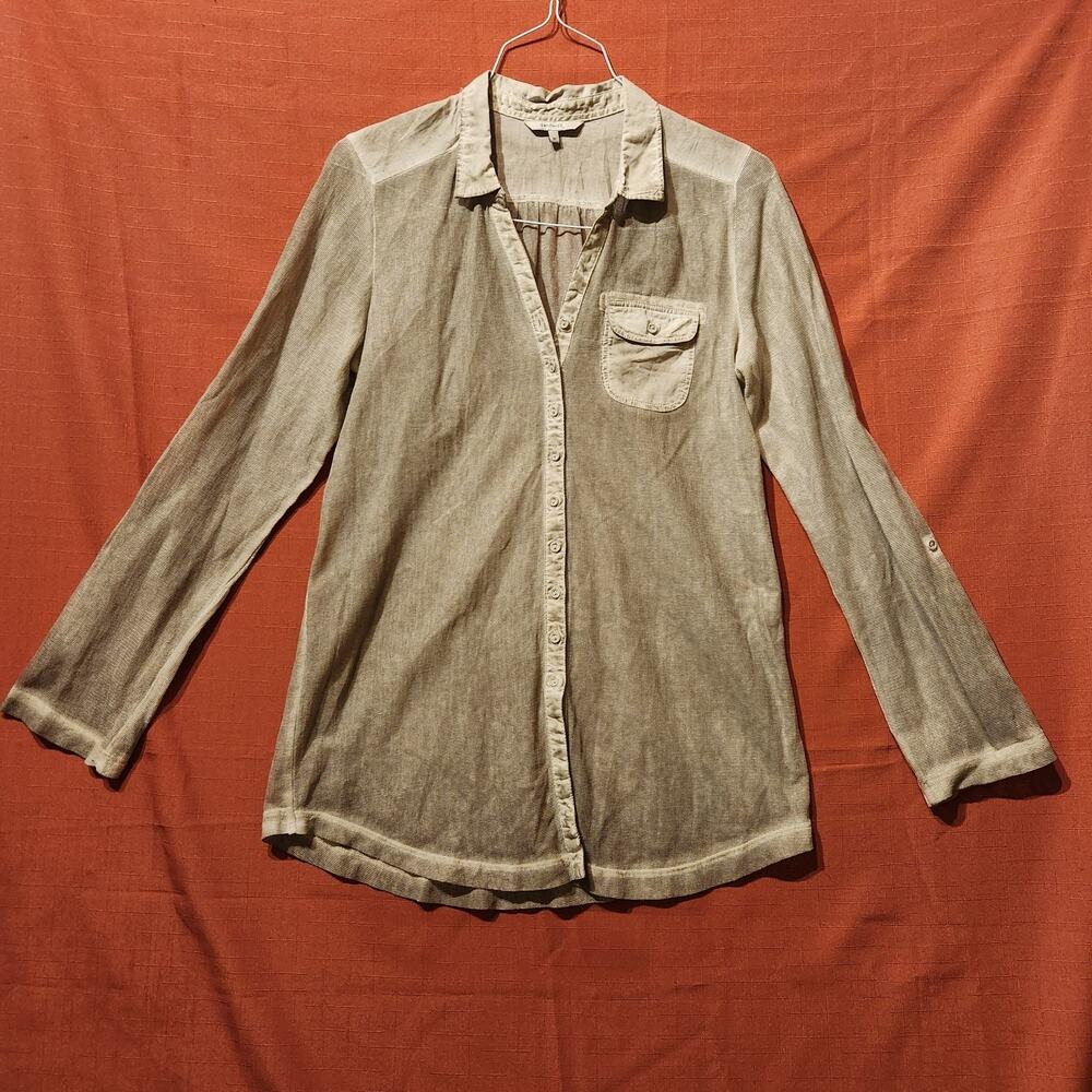 Cream Sheer Button Up Distressed Sz M Grunge Goth Minimalist Y2K Layering Shirt